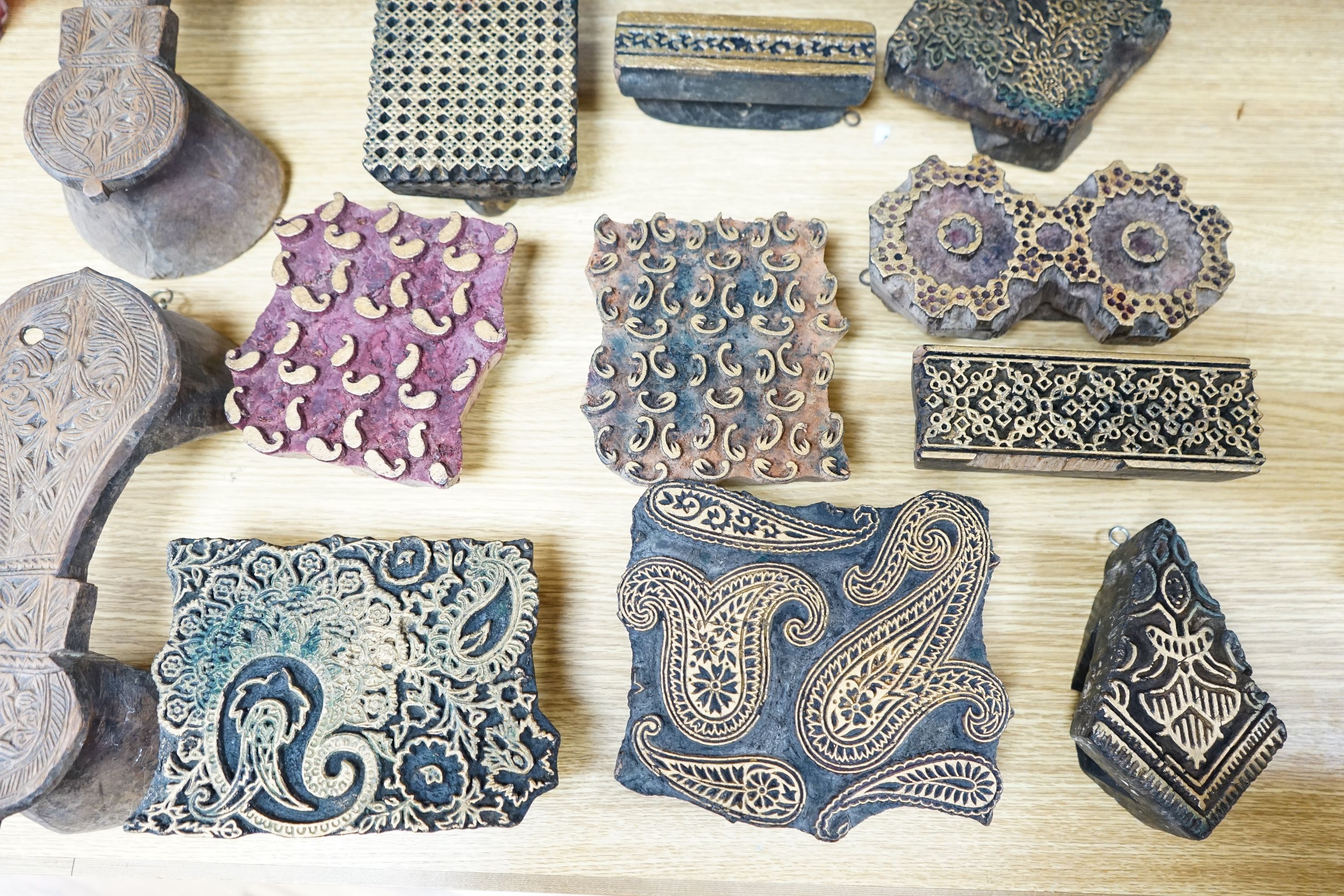 A mixed group of Indian fabric printing blocks and a Chinese wood box, 40.5cm